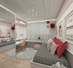 a bedroom with a bed, desk and mirror in the corner is decorated in pink and white