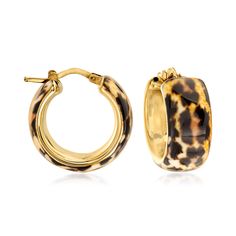 Ross-Simons - Italian Leopard-Print Enamel Hoop Earrings Over Sterling. 7/8". Add this wild pair to your jewelry box. In a bold and lightweight design, leopard-print enamel line the outside of the polished 18kt yellow gold over sterling silver hoops. Made in Italy. Hanging length is 7/8". Snap-bar, leopard-print enamel hoop earrings. Leopard Print Earrings, Tortoise Shell Aesthetic, Gold Earring Stack, Earing Jewelry, Jewelry Wishlist, Jewelry Designing, Gold Jewelry Earrings