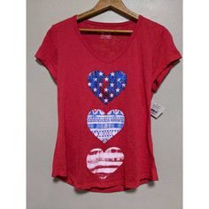 New Sheer T-Shirt. Patriotic Vneck Top. Made In Usa Casual V-neck Top With Heart Print, V-neck Top With Heart Graphic For Summer, Red Heart Print Casual Top, V-neck Tops With Heart Graphic For Summer, Casual Red Top With Heart Graphic, Casual Red Top With Heart Print, Casual Red Heart Print Top, Red Short Sleeve T-shirt With Heart Print, Casual Red Heart-shaped T-shirt