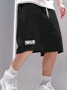 Men Plus Size Summer Loose Fit Casual Shorts With Letter Print And Drawstring Waist Black Casual   Knitted Fabric Letter Track Shorts Slight Stretch  Men Plus Size Clothing, size features are:Bust: ,Length: ,Sleeve Length: Fabric Letters, Men Plus Size, Cool Outfits For Men, Track Shorts, Shorts Casual, Plus Size Summer, Plus Size Shorts, Kids Beachwear, Black Casual