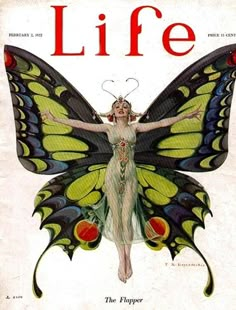 an old book with a butterfly on it's cover and the word life written in red