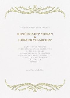 a white and gold wedding card with an ornate frame on the front, in green ink