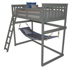 a bunk bed with a hammock hanging from it's side and a ladder to the top