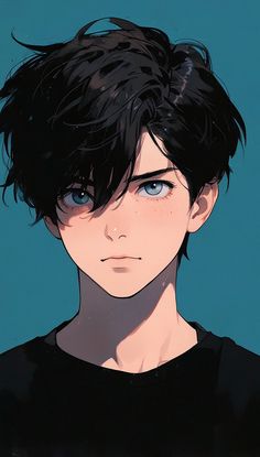 an anime character with black hair and blue eyes looking at the camera while wearing a black t - shirt