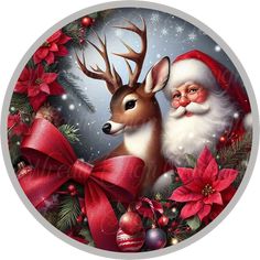 a painting of santa and reindeer with christmas decorations