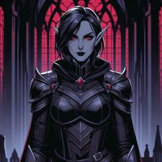 a woman dressed in black with red eyes and horns, standing in front of a gothic cathedral