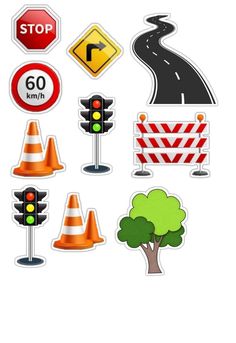 various road signs and traffic cones on a white background