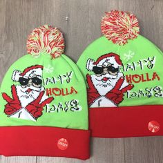 2 Pack Of Mens Christmas Beanies, Toboggans, Or Stocking Caps - Where Ever In The World You Come From! Brand New, Never Been Worn, Tags Still Attached. Fleece Lined. They Both Are Itentical With A Lime Green Background With Santa On It And The Words "Happy Holla Days". Both Hats Have Lights But They May Partially Work Or Not At All. The Battery Pack Can Be Found Inside In A Pocket And Has An On/Off Switch. We Ship Everyday. Bundle And Save When You Purchase More Than One Item From Our Closet. Y1 Christmas Beanies, Lime Green Background, Christmas Beanie, Stocking Cap, Christmas Accessories, Christmas Men, Happy Words, Green Background, Battery Pack