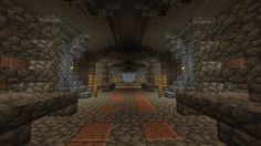 a very long and narrow hallway in a minecraft style building with lots of stone walls