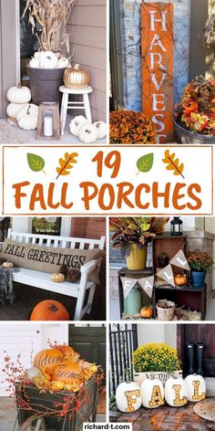 pumpkins and gourds are arranged in different photos with the words 19 fall porches