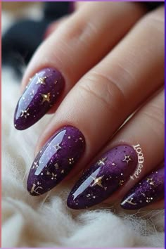 Black And Purple Nails Wedding, Unique Purple Nail Designs, Eclipse Nails 2024, Purple Sun And Moon Nails, Cute Purple Nails Designs, Purple Nails Witchy, Purple Polish Nails, Lilac Fall Nails, Wiccan Nails Designs