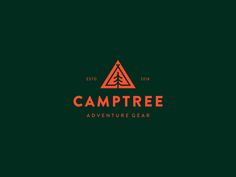 the camp tree adventure gear logo on a dark green background with orange and red colors