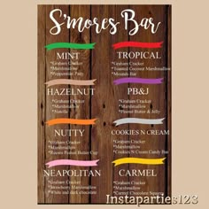 a sign that says smores bar on the side of a wooden wall with different colored ribbons