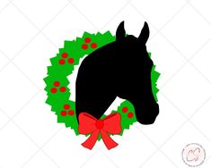 a black horse with a red bow on it's head is standing in front of a wreath