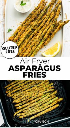 air fryer asparagus fries on a plate with dipping sauce and lemon wedges