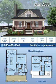 the floor plan for a small house with two levels and three bedroom, one living area