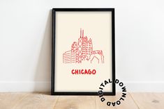 the chicago skyline is shown in red and white on a beige background, framed in black