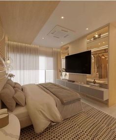 a bedroom with a large tv mounted on the wall above it's headboard