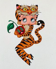 a drawing of a tiger holding an apple and wearing a costume with eyes that look like cats