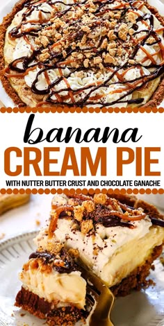 banana cream pie with nutter butter crust and chocolate ganache on top is shown