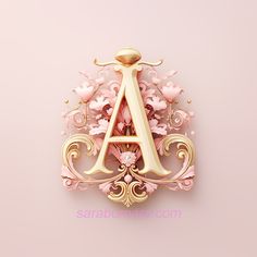 the letter a is surrounded by pink flowers and gold filigrees on a pink background