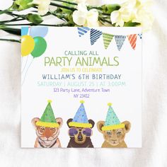 an animal themed birthday party card with two bears wearing party hats and balloons on it