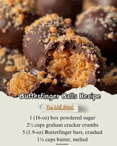 16-oz powdered sugar\n2 cups graham cracker crumbs\nDissolve sugar in mixer.\nAdd graham cracker crumbs.\nMake small balls.\nChill in fridge.\nGet ready for a delicious butterfinger treat.\n#ButterfingerBalls #NoBakeRecipe #YummySnacks #EasyToMake Butterfinger Balls, Butterfinger Bars, Magic Cookie Bar Recipe, Simi Valley California, No Bake Recipe, Fruit Dips Recipes, Grandma's Recipes, Candy Recipes Homemade, Christmas Food Desserts