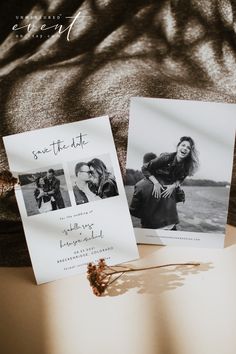 two wedding photos are laying next to each other