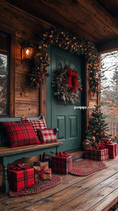 the front porch is decorated for christmas with presents on the bench and wreaths hanging from the door