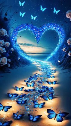 blue butterflies are flying in the air near a heart - shaped tunnel with roses on it