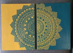 two pieces of art with yellow and blue designs on the sides, one has an intricate design