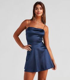 Make a grand exit after the ceremony ends in this flirty satin skater dress! It features a sleek, sleeveless, square neck, bungee spaghetti straps, and an open-back with lattice strap detail and a short-length hem. Complete your look for graduation with a chic bracelet set. Fit & Features  Sleeveless, square neck, bungee spaghetti straps Fitted bodice Skater silhouette Open-back, lattice strap detail Short-length hem Shiny stretch-satin fabric Runs true to size Satin Skater Dress, Glitter Prom Dresses, Chic Bracelet, Short Summer Dresses, Sequin Prom Dresses, Prom Dress Shopping, Green Prom Dress, Dressy Dresses