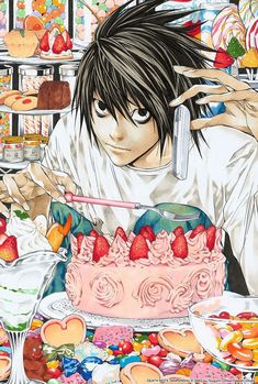 an anime character holding a knife over a cake