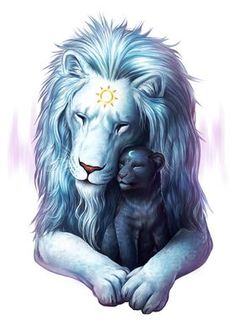 a lion and a cat are hugging each other with the sun shining above them on their forehead