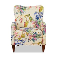 an upholstered chair with colorful flowers on it