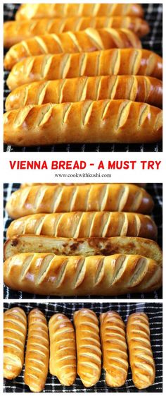 several different types of breads sitting on top of each other in rows, with the words vienna bread - a must try