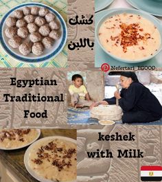 there are pictures of egyptian traditional food with milk and cereal in the middle one has an egg on it