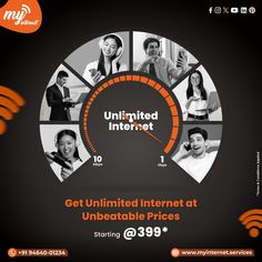 the internet speedometer is displayed in this ad for an internet company, and it shows people