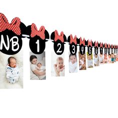 a mickey mouse birthday banner with photos hanging from it's sides and the number one on each side