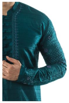 Hand Embroidered Kurta Set  #HANDEMBROIDERY #tealgreen #weddingwearkurta #viratkohliindianwear #sabyasachimenswear Kurta Set Men, Kurta Pajama Men, Kurta Set For Men, Green Hand, Embroidered Neckline, Linnet