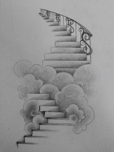 a pencil drawing of a staircase with clouds