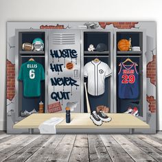 an image of lockers with sports jerseys and shoes on them in front of a brick wall