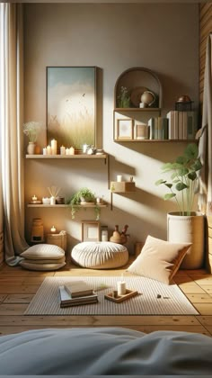 a living room filled with lots of furniture next to a wall covered in plants and candles