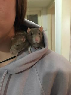 a woman is holding two mice in her hoodie