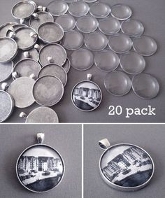 four different pictures of silver pendants with the same image on them, and one is showing