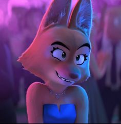 a cartoon fox with blue dress and people in the background looking at it's camera