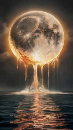 an image of a giant moon rising over the ocean with water dripping from it's surface