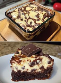 two different views of a dessert with chocolate and marshmallows