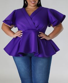 Purple Ruffled V-neck Top Semi-stretch top V neck Short sleeves No closure 92% polyester 8% spandex Hand wash cold Model is wearing a 2X Chiffon Blouses Designs, Damaged Clothes, Stretch Jumpsuit, Plus Size Party Dresses, Jumpsuit Chic, Wrap Romper, Stretch Top, Curvy Outfits, Stretch Dress