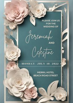 a wedding card with paper flowers and leaves on the front, along with an elegant frame